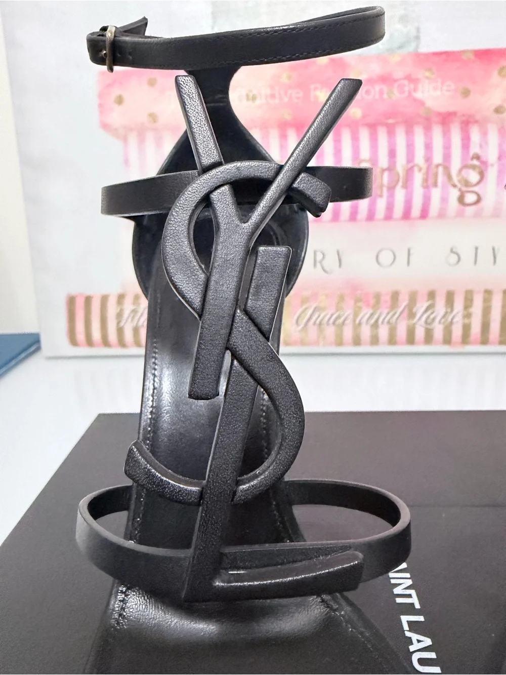 Saint Laurent Black Leather YSL Logo Ankle-Strap Stiletto Sandals - Picture 4 of 12